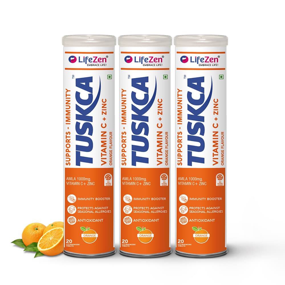 Tuskca Vitamin C + Zinc 1000mg , Natural Amal Extract Antioxidant, Immunity Booster , 20 Effervescent Tablet (pack Of 3) Orange Flavour